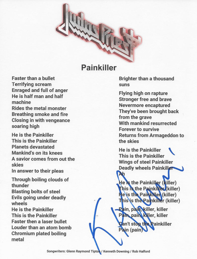 KK Downing Signed Painkiller Lyrics Sheet COA Exact Proof Autographed Judas Priest