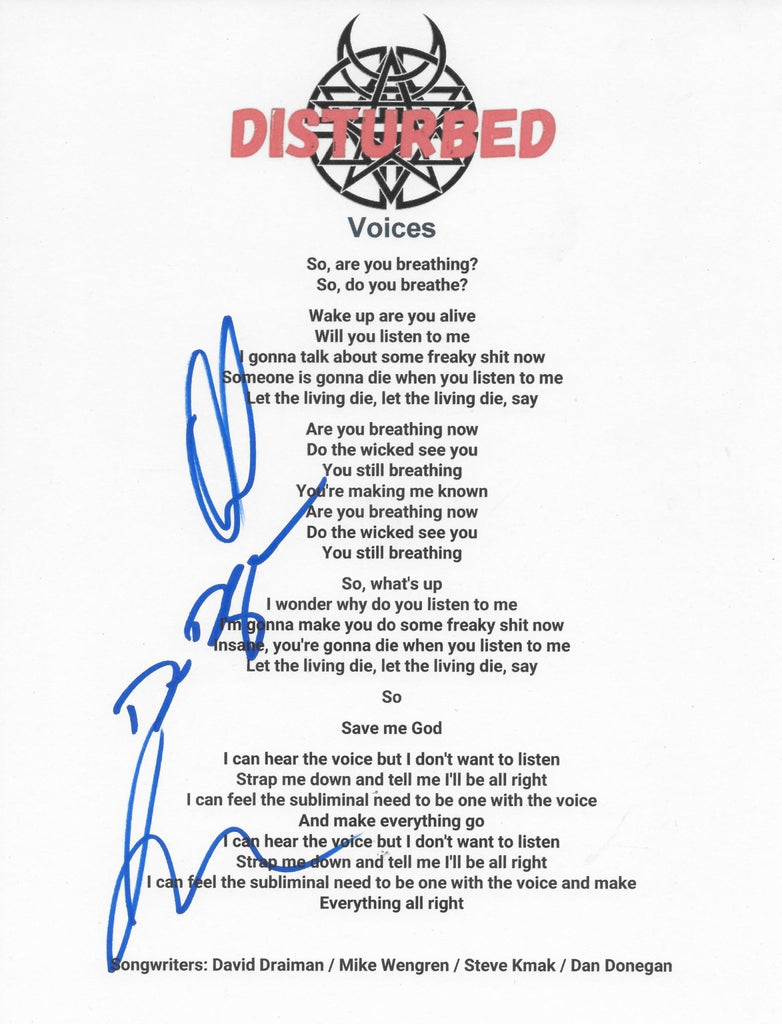 Disturbed Band Signed Voices Lyrics Sheet COA Proof Autographed