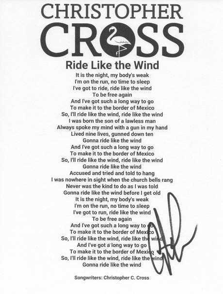 Christopher Cross Signed Ride Like The Wind Lyrics Sheet COA Proof Autographed