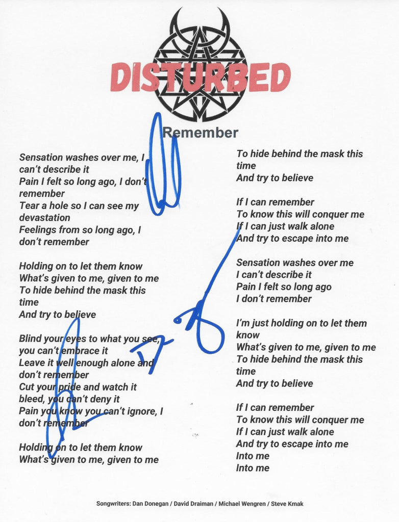 Disturbed Band Signed Remember Lyrics Sheet COA Proof Autographed