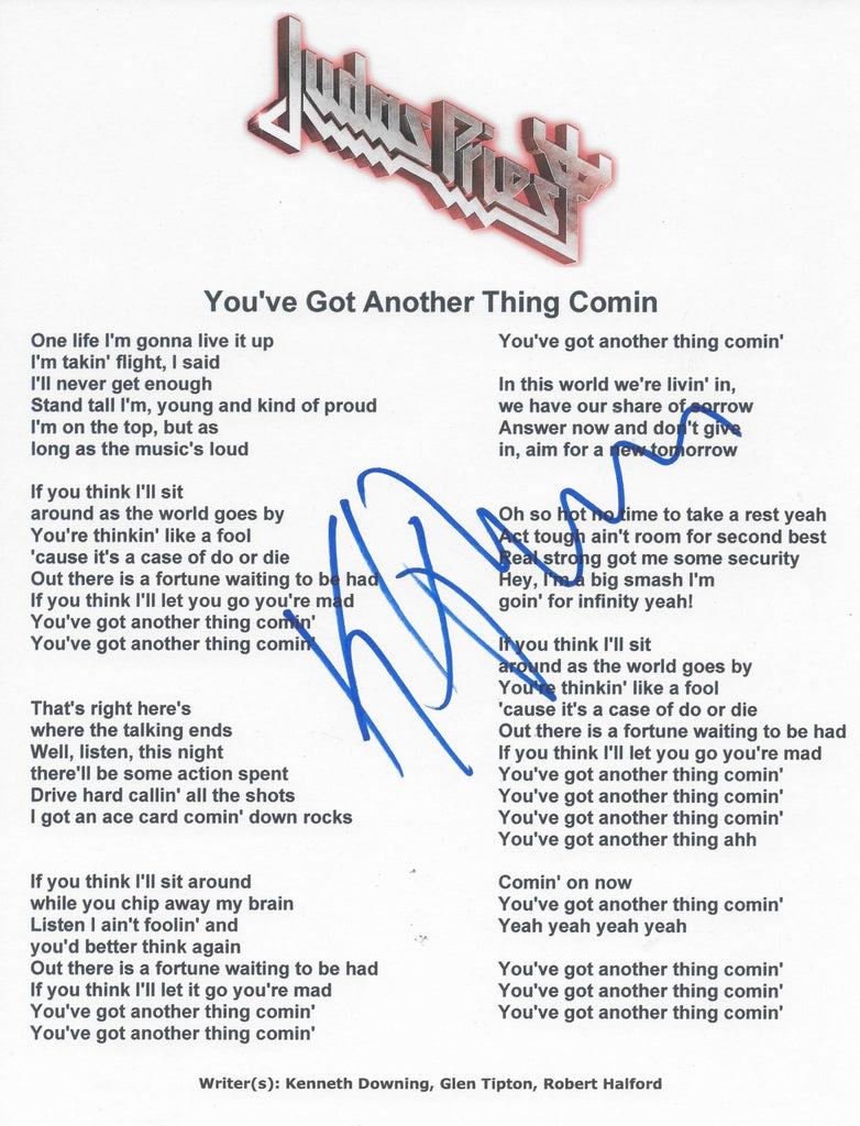 KK Downing Signed You've Got Another Thing Comin' Lyrics Sheet COA Exact Proof Autographed Judas Priest