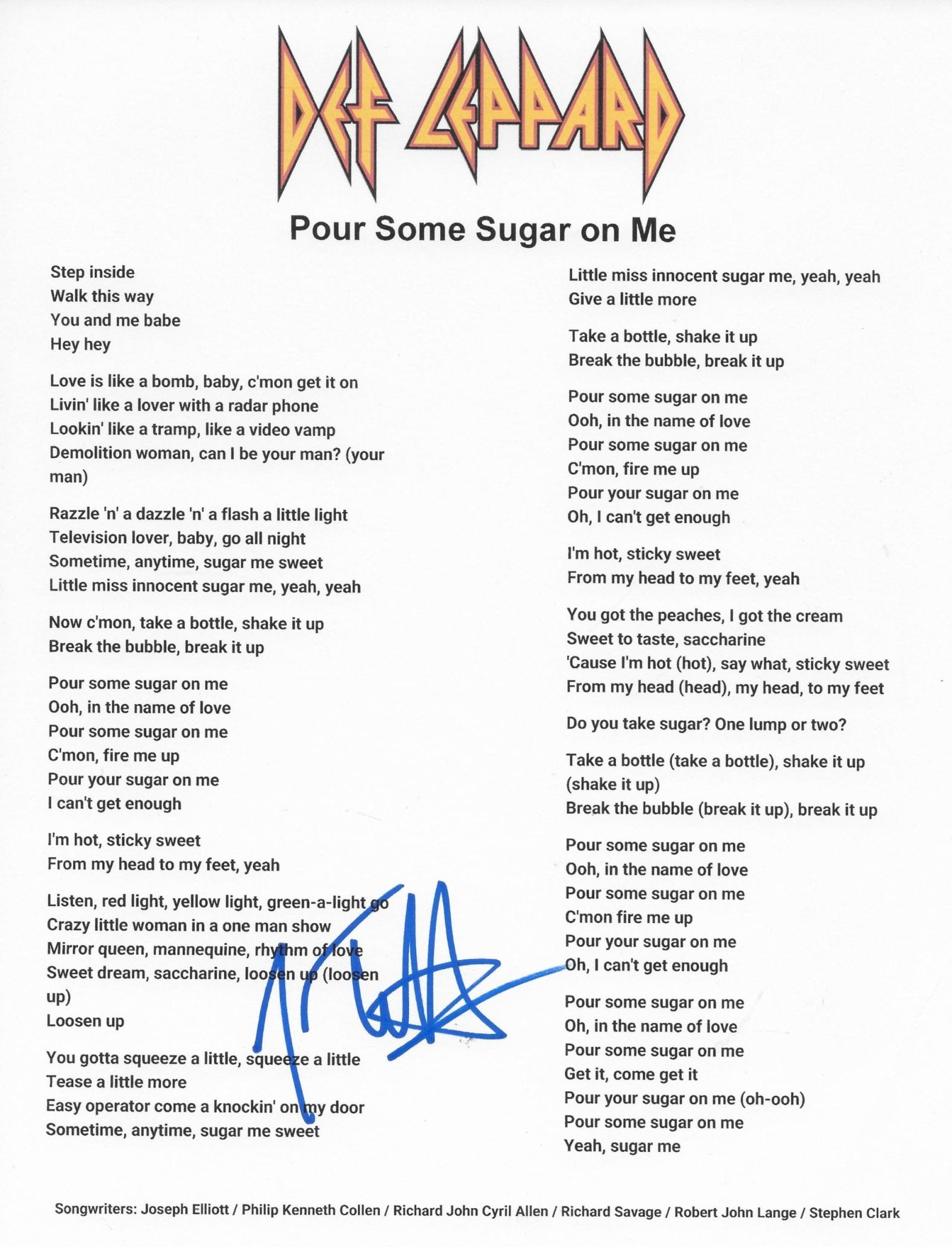 Joe Elliott Signed Def Leppard Pour Some Sugar on Me Lyrics Sheet COA Proof Autographed