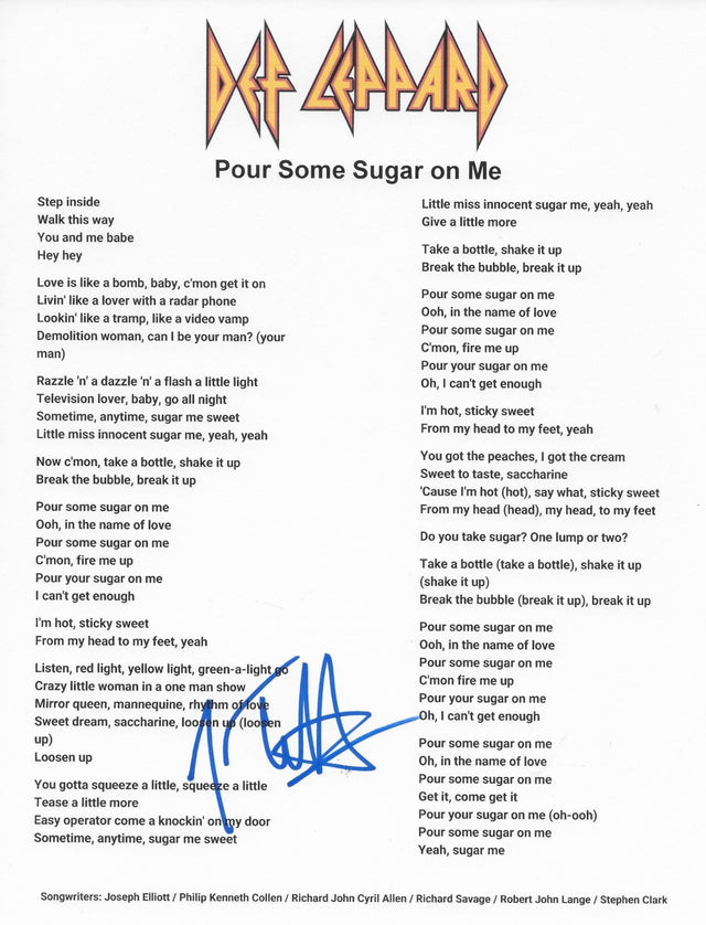 Joe Elliott Signed Def Leppard Pour Some Sugar on Me Lyrics Sheet COA Proof Autographed
