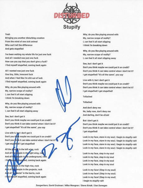 Disturbed Band Signed Stupify Lyrics Sheet COA Proof Autographed