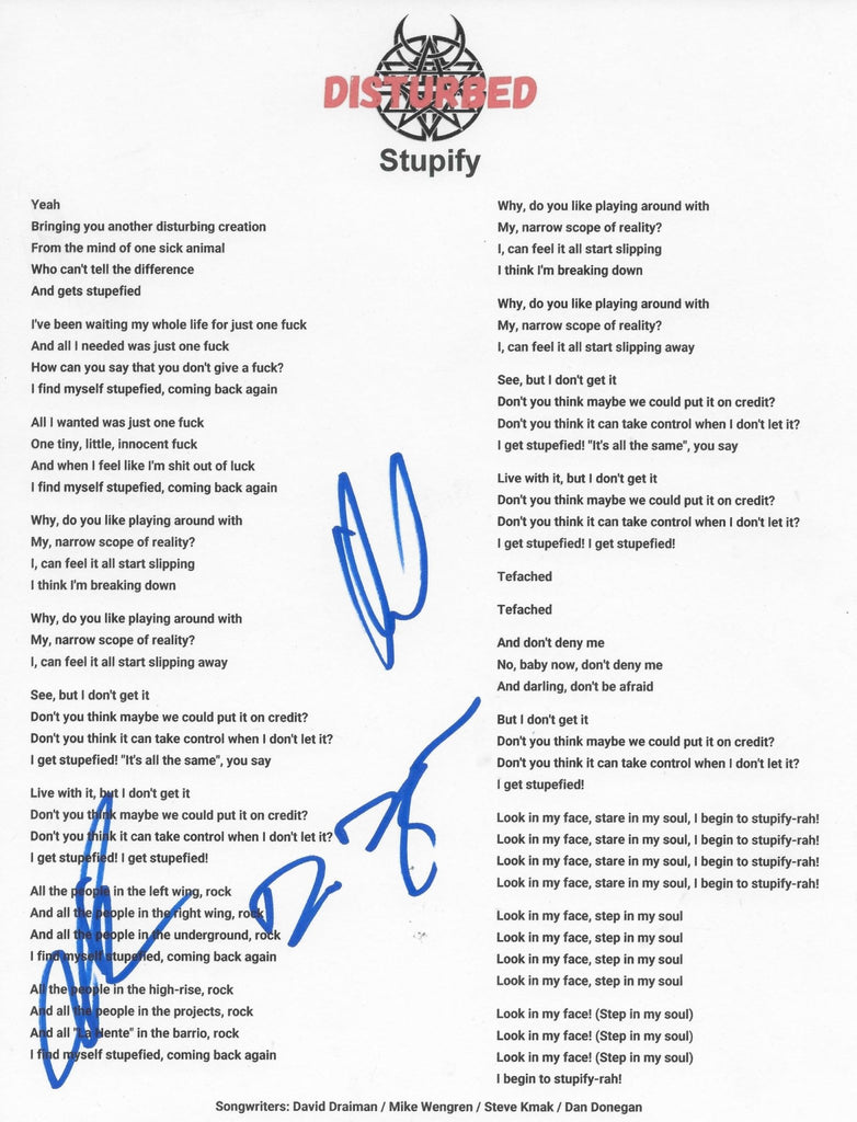 Disturbed Band Signed Stupify Lyrics Sheet COA Proof Autographed