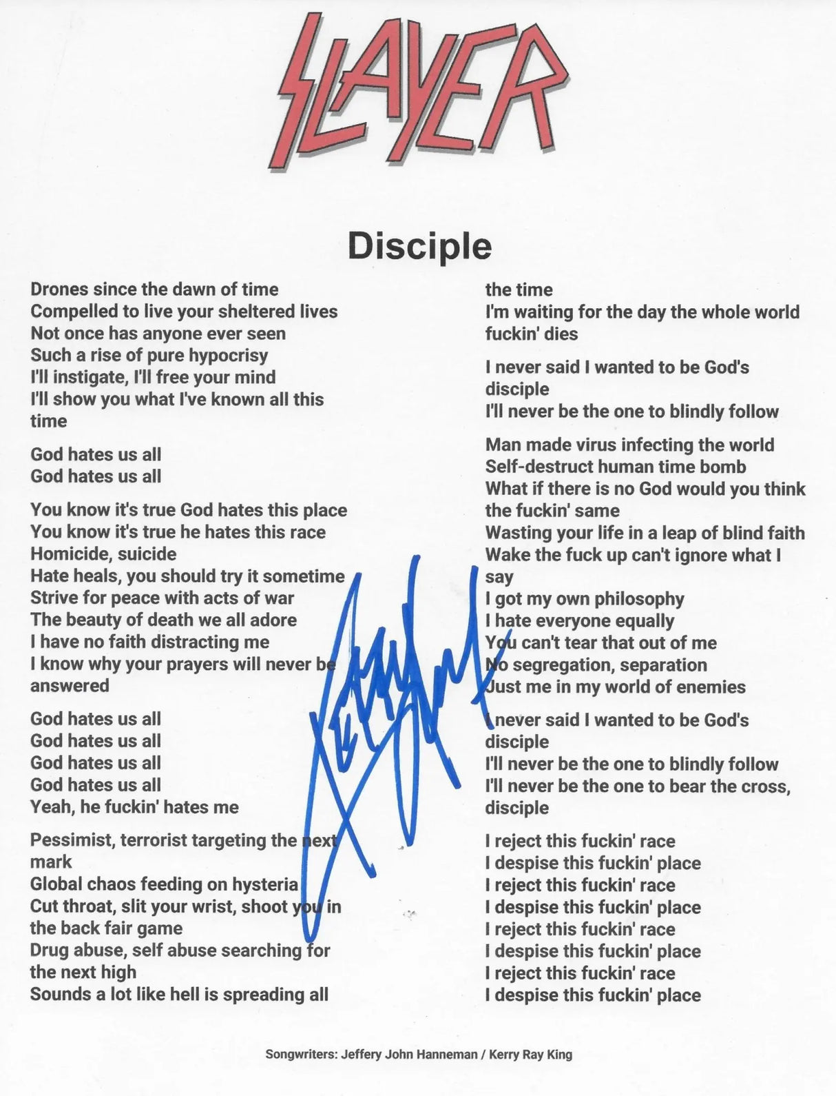 Kerry King Signed Slayer Disciple Lyrics Sheet COA Exact Proof Autographed