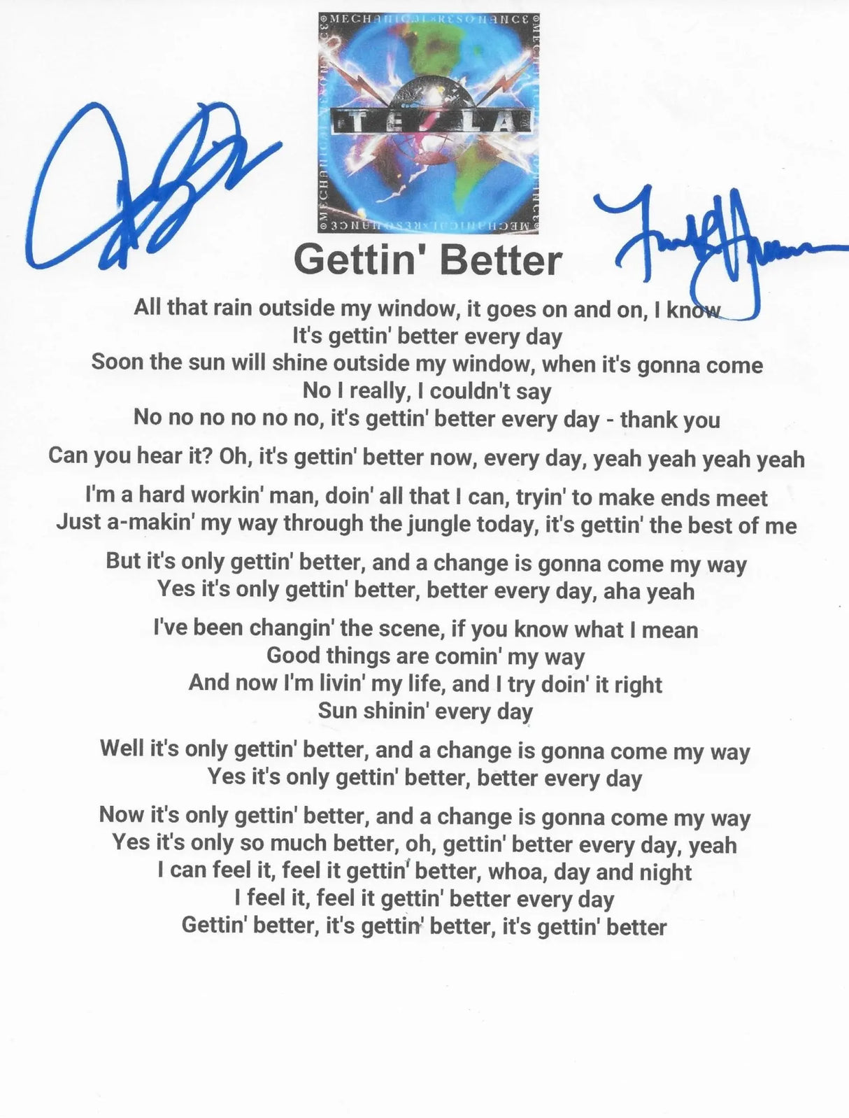 Jeff Keith & Frank Hannon Signed Tesla Gettin Better Lyrics Sheet COA Proof Autographed