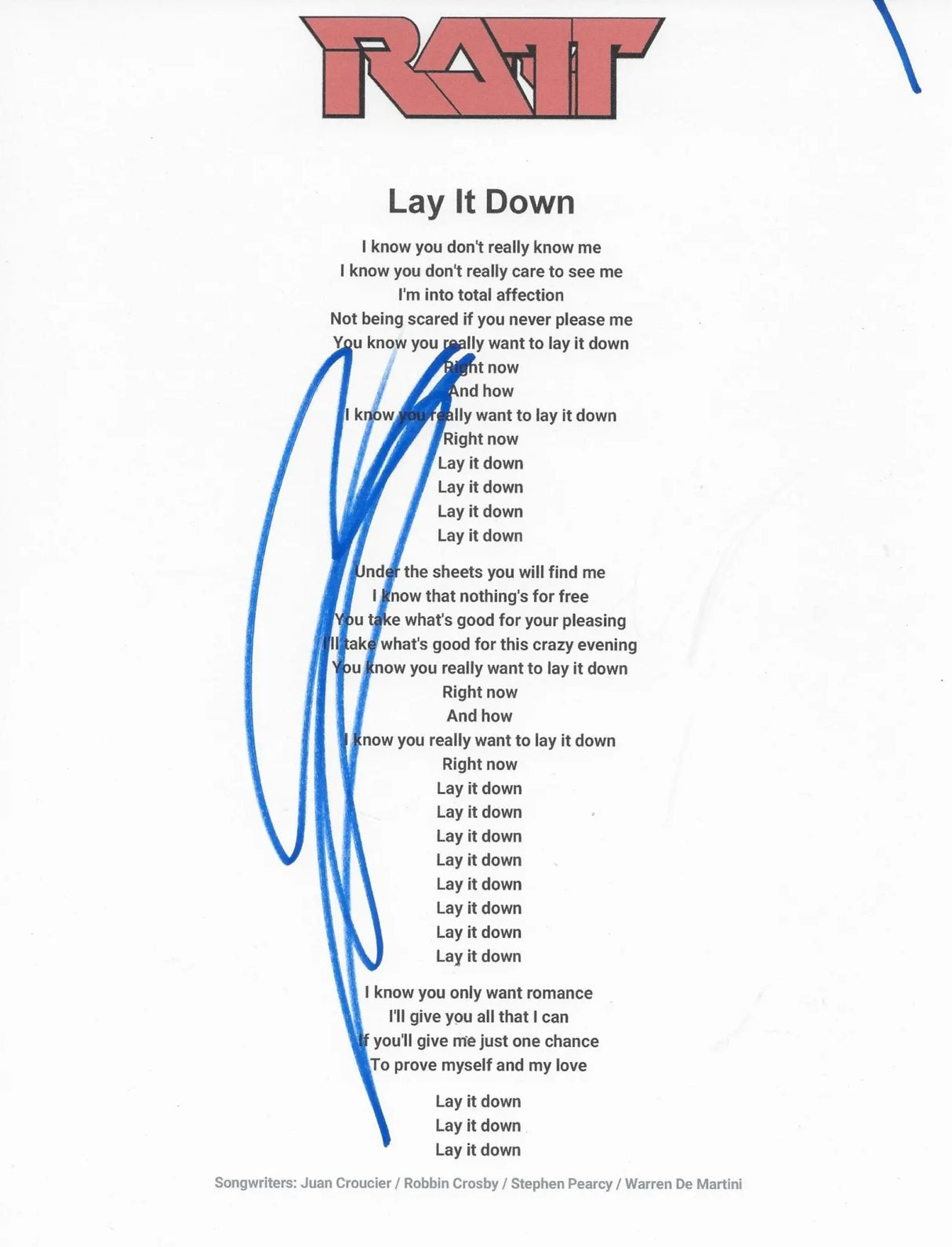 Stephen Pearcy Signed Ratt Lay It Down Lyrics Sheet Proof COA Autographed
