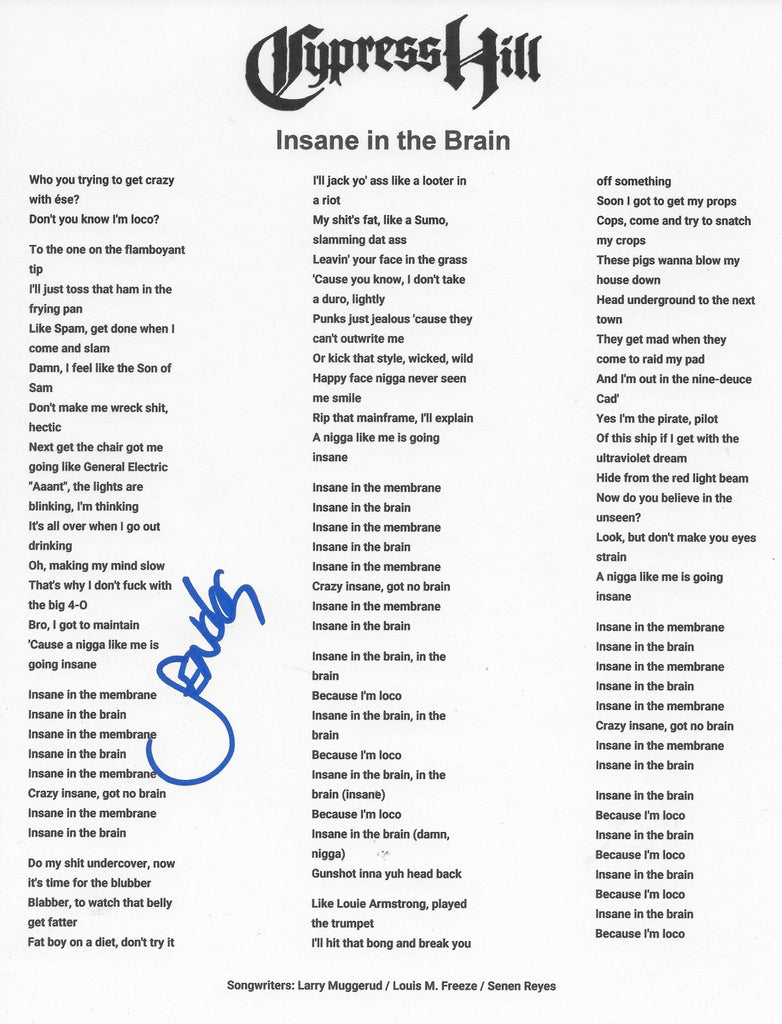 Sen Dog Signed Cypres Hill Insane in the Brain Lyrics Sheet COA Proof Autographed