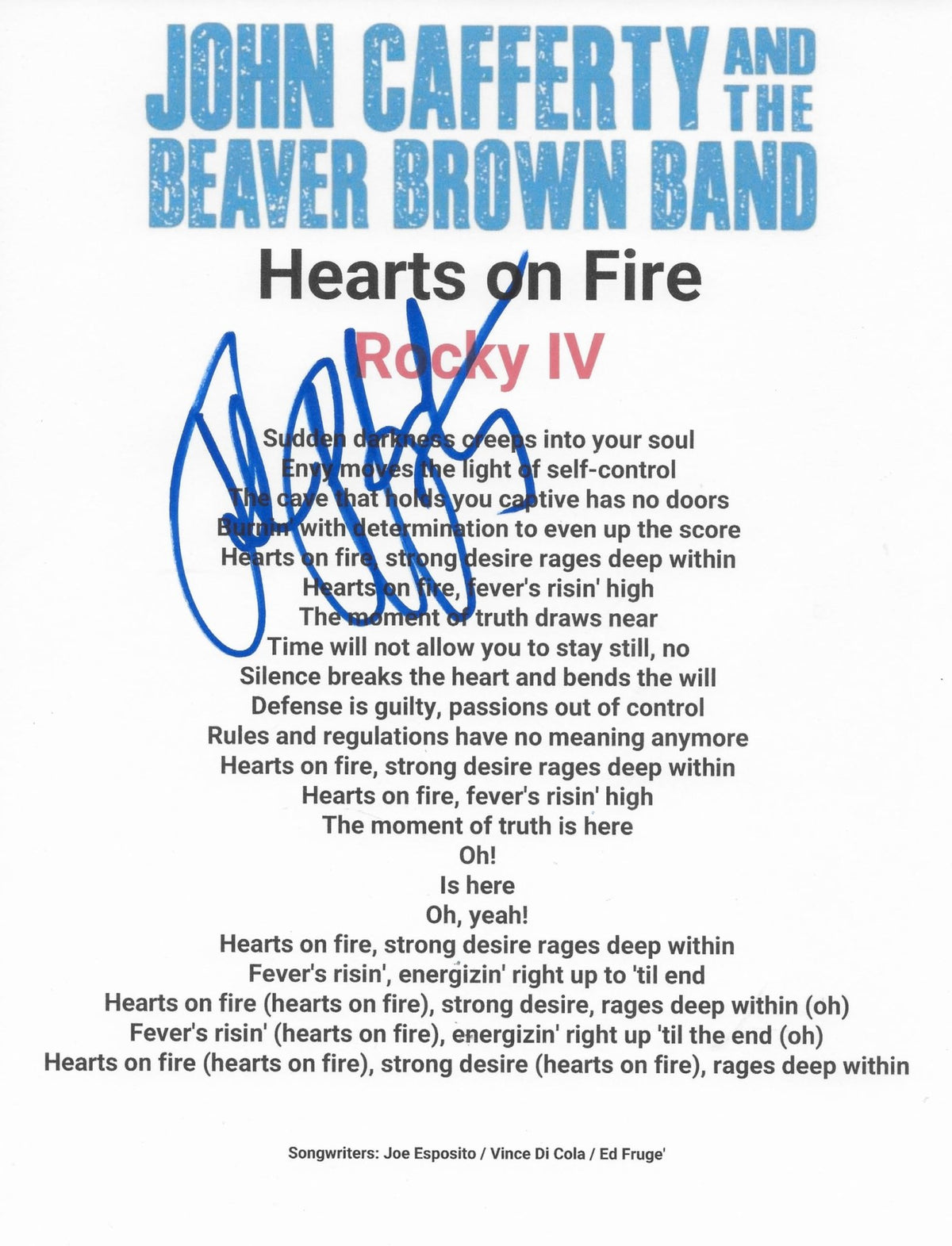 John Cafferty Signed Hearts on Fire Lyrics Sheet COA Exact Proof Autographed