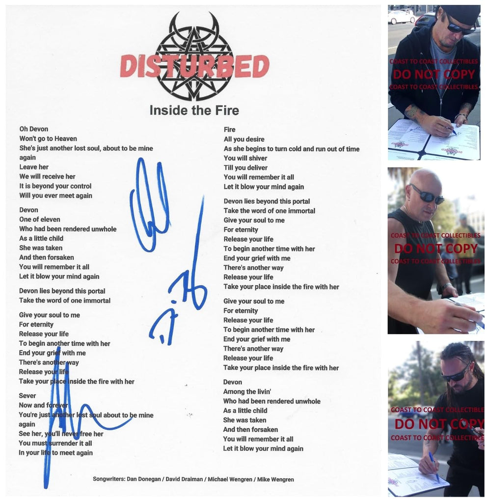 Disturbed Band Signed Inside the Fire Lyrics Sheet COA Proof Autographed