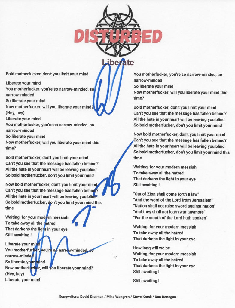 Disturbed Band Signed Liberate Lyrics Sheet COA Proof Autographed