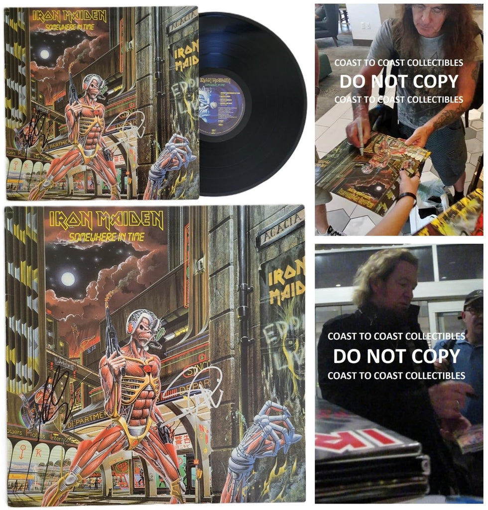 Iron Maiden Signed Somewhere in Time Album COA Proof Autographed Vinyl Record Steve Harris,Adrian Smith