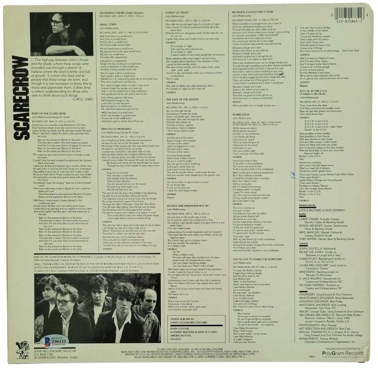 John Cougar Mellencamp Signed Scarecrow Album Vinyl Record Proof Beckett COA