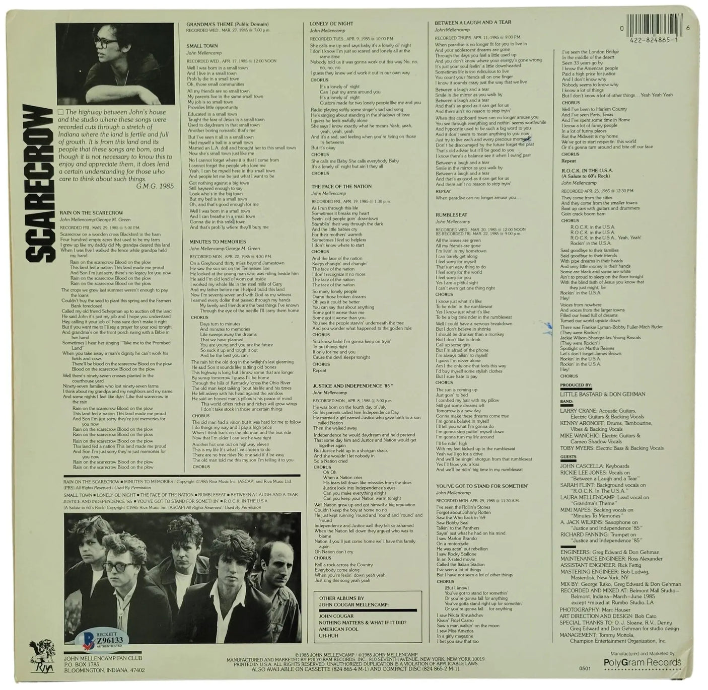 John Cougar Mellencamp Signed Scarecrow Album Vinyl Record Proof Beckett COA