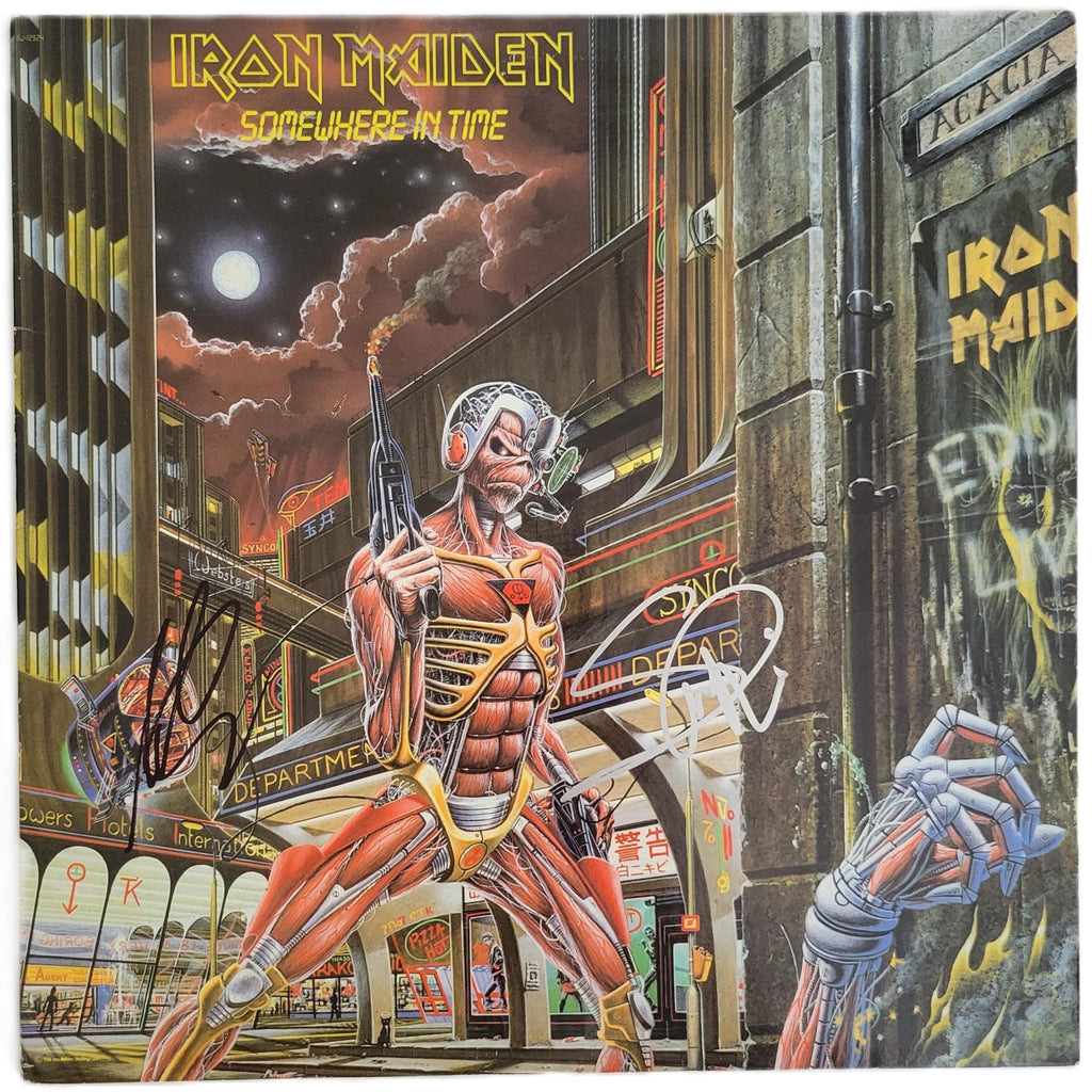 Iron Maiden Signed Somewhere in Time Album COA Proof Autographed Vinyl Record Steve Harris,Adrian Smith