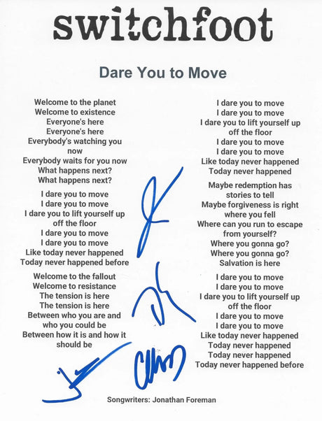 Switchfoot Band Signed Dare You To Move Lyrics Sheet COA Proof Autographed Jon Foreman Tim Forman Chad Foreman Jerome Fontamillas
