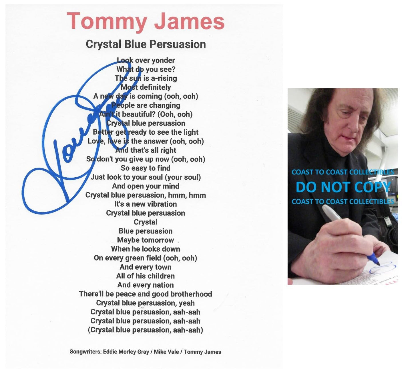 Tommy James Signed Crystal Blue Persuasion Lyrics Sheet COA Proof Autographed