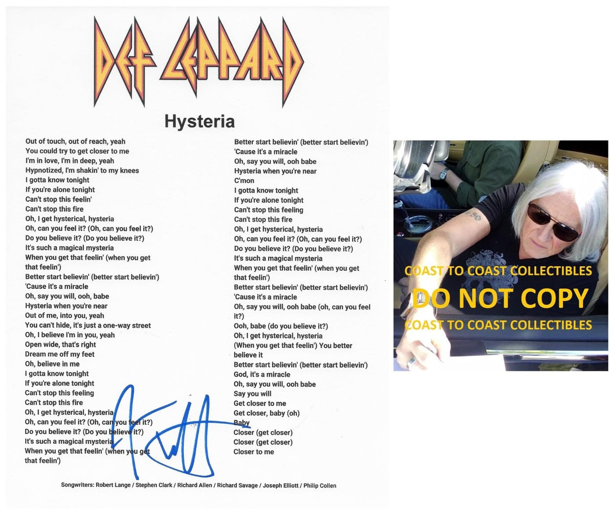 Joe Elliott Signed Def Leppard Hysteria Lyrics Sheet COA Proof Autographed