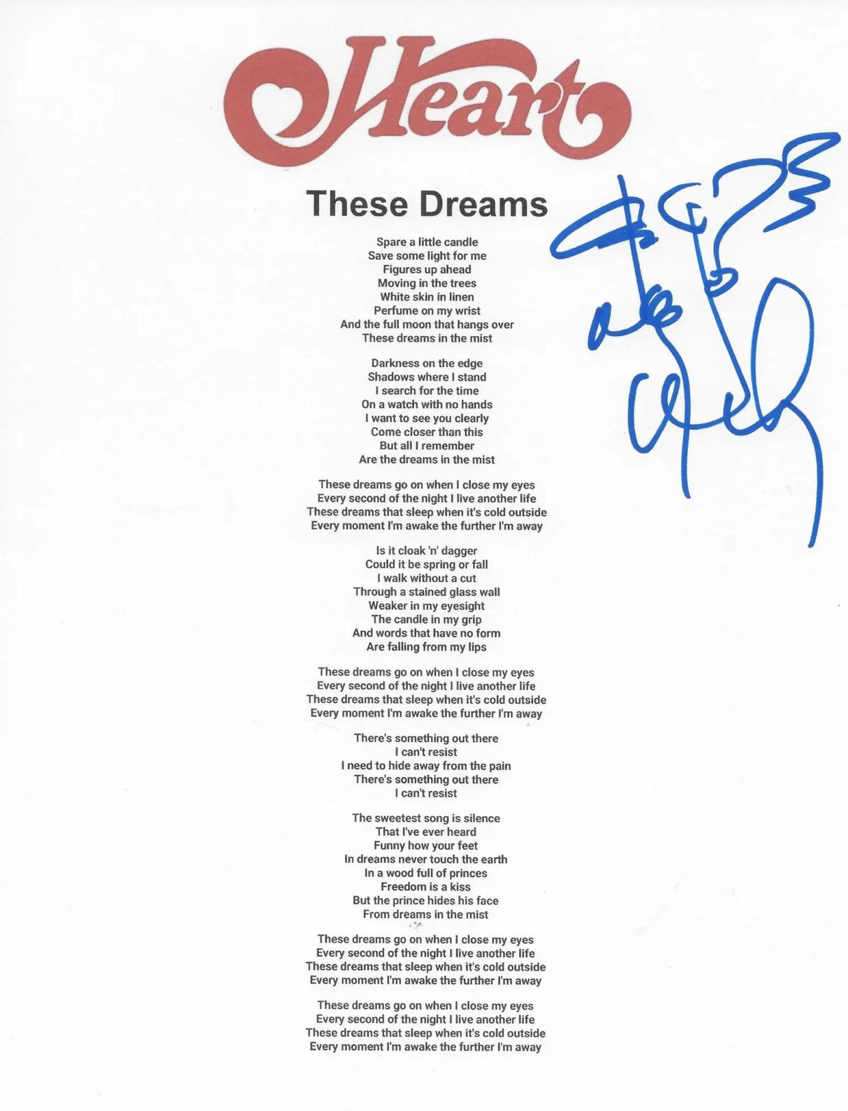 Nancy Wilson Signed Heart These Dreams Lyrics Sheet Proof COA Autographed