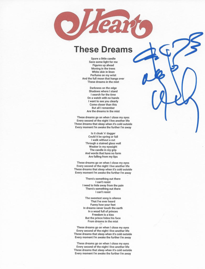 Nancy Wilson Signed Heart These Dreams Lyrics Sheet Proof COA Autographed