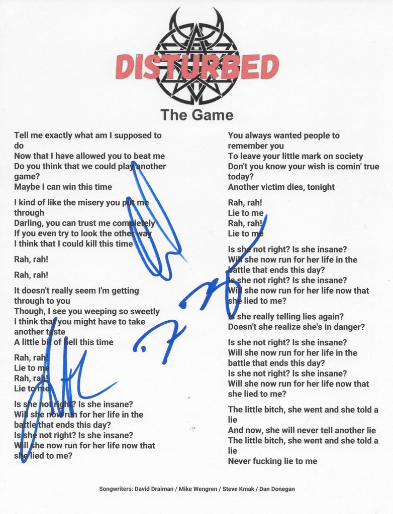 Disturbed Band Signed The Game Lyrics Sheet COA Proof Autographed