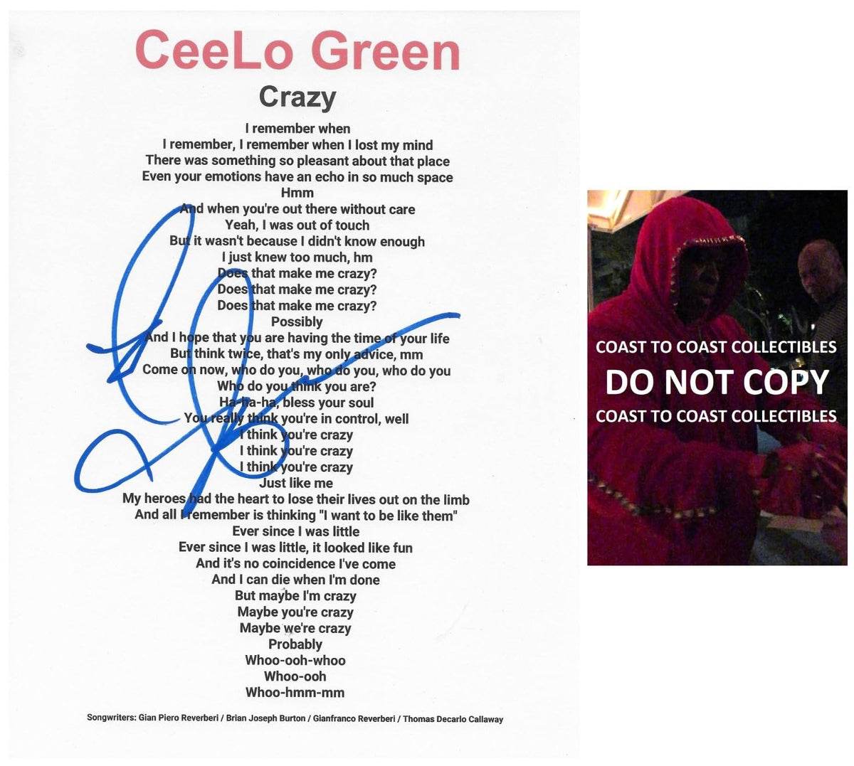 Ceelo Green Signed Crazy Lyrics Sheet COA Exact Proof Autographed