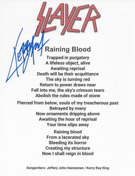Kerry King Signed Slayer Raining Blood Lyrics Sheet COA Exact Proof Autographed