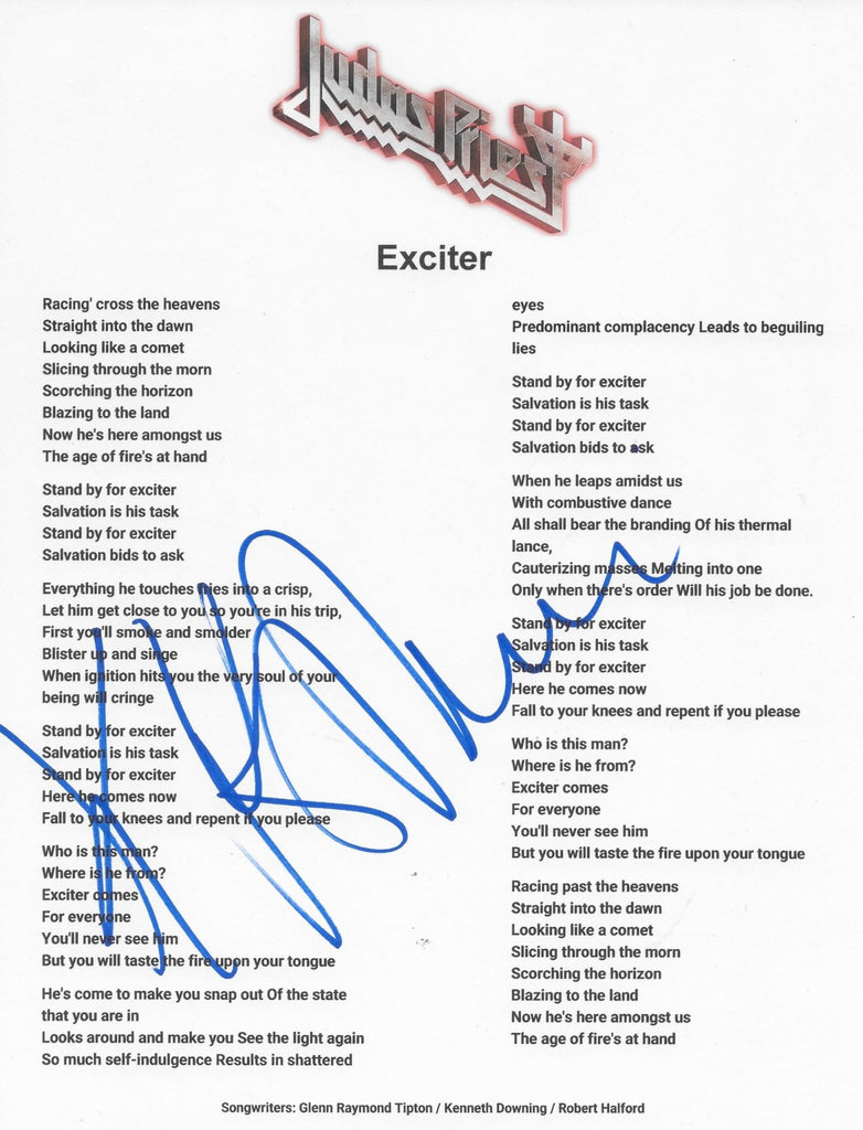 KK Downing Signed Judas Exciter Lyrics Sheet COA Exact Proof Autographed Judas Priest