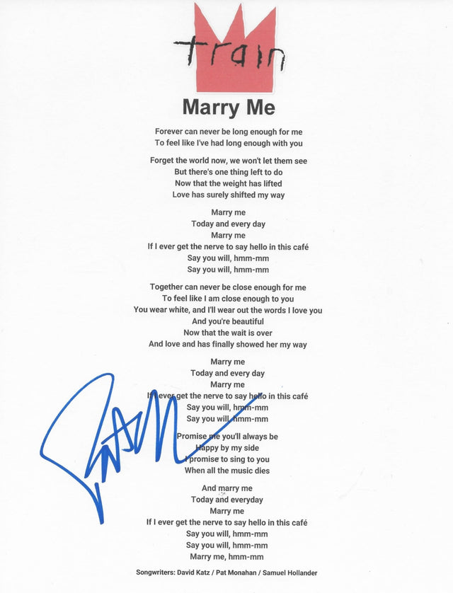Pat Monahan Signed Train Marry Me Lyrics Sheet Exact Proof COA Autographed