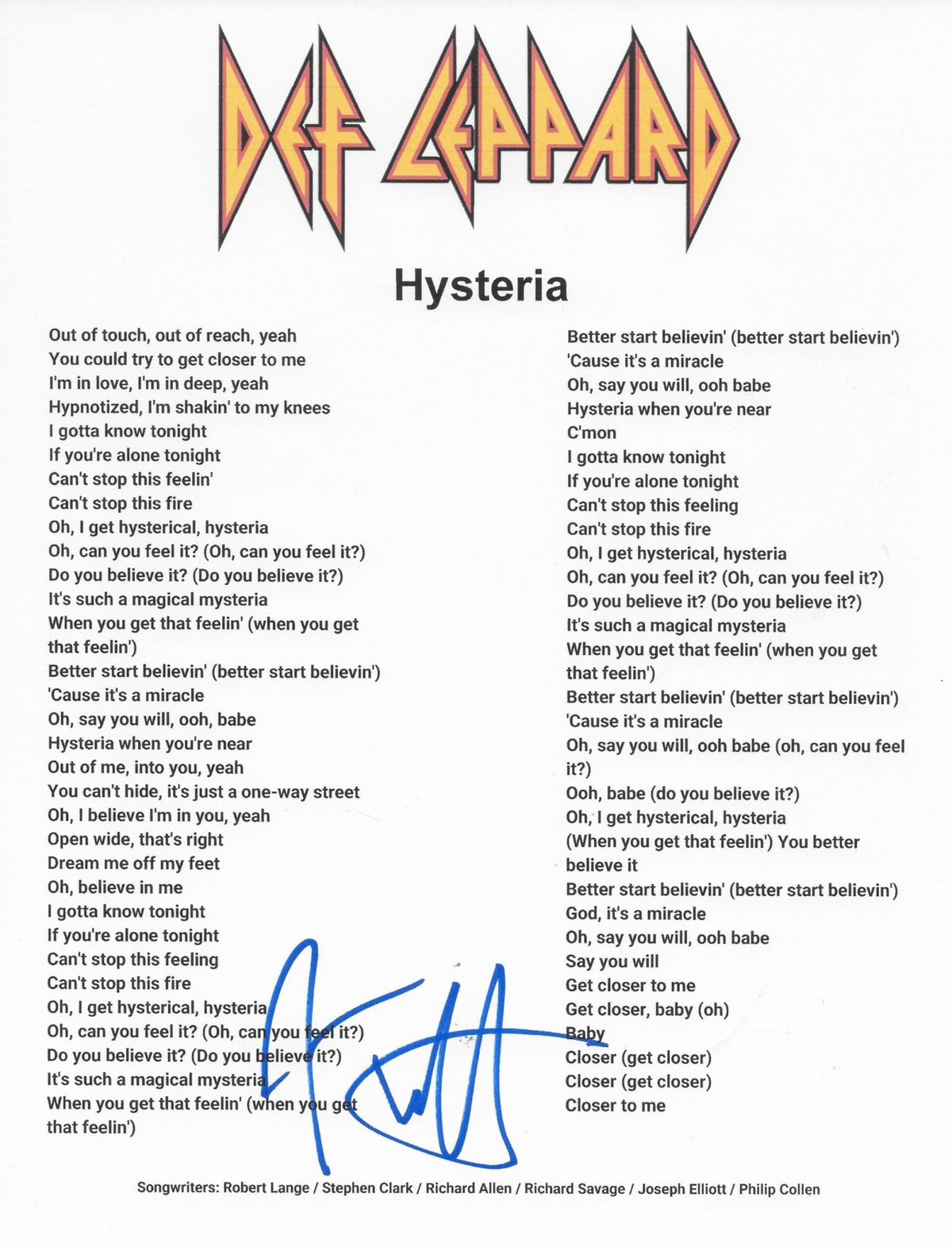 Joe Elliott Signed Def Leppard Hysteria Lyrics Sheet COA Proof Autographed