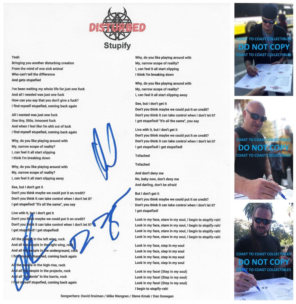 Disturbed Band Signed Stupify Lyrics Sheet COA Proof Autographed