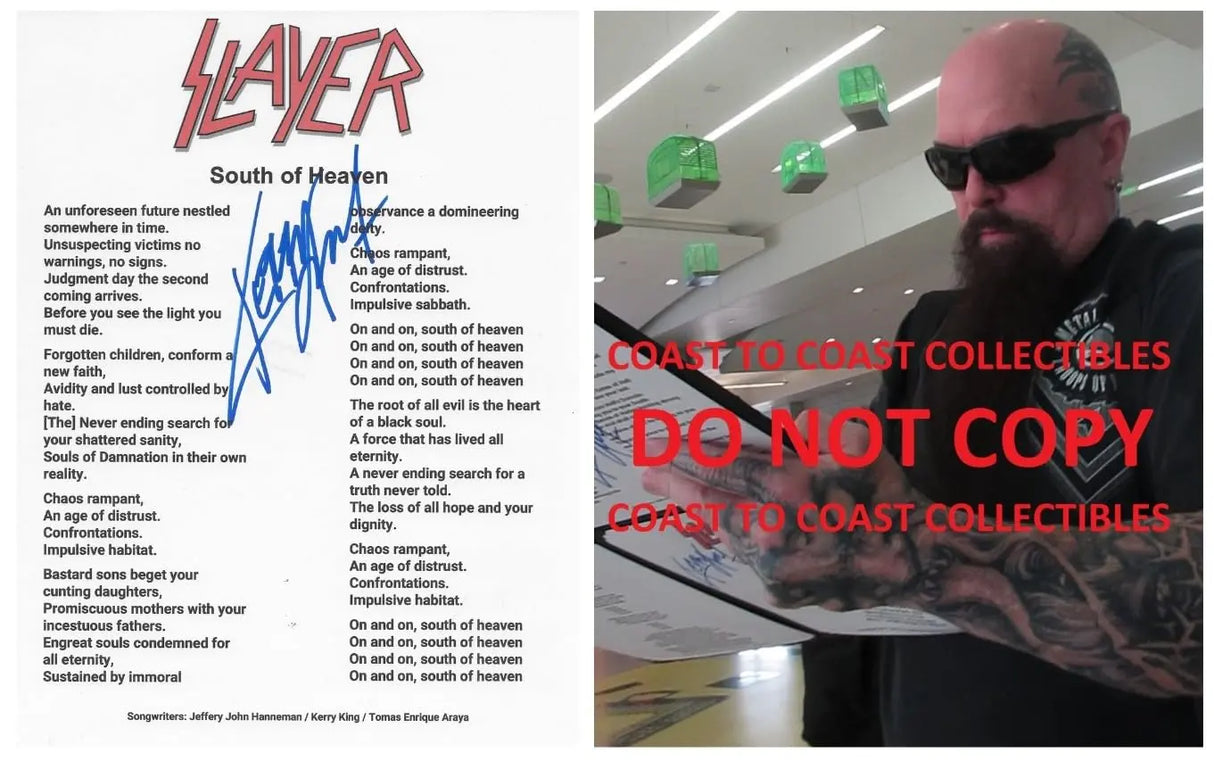 Kerry King Signed Slayer South of Heaven Lyrics Sheet COA Exact Proof Autographed