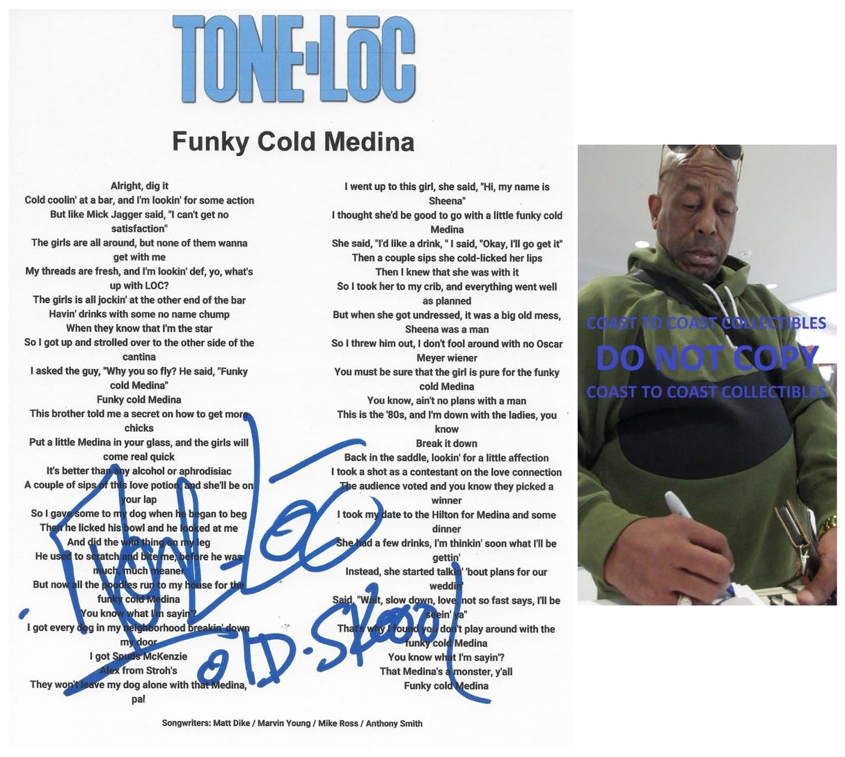 Tone Loc Signed Funky Cold Medina Lyrics Sheet COA Exact Proof Autographed