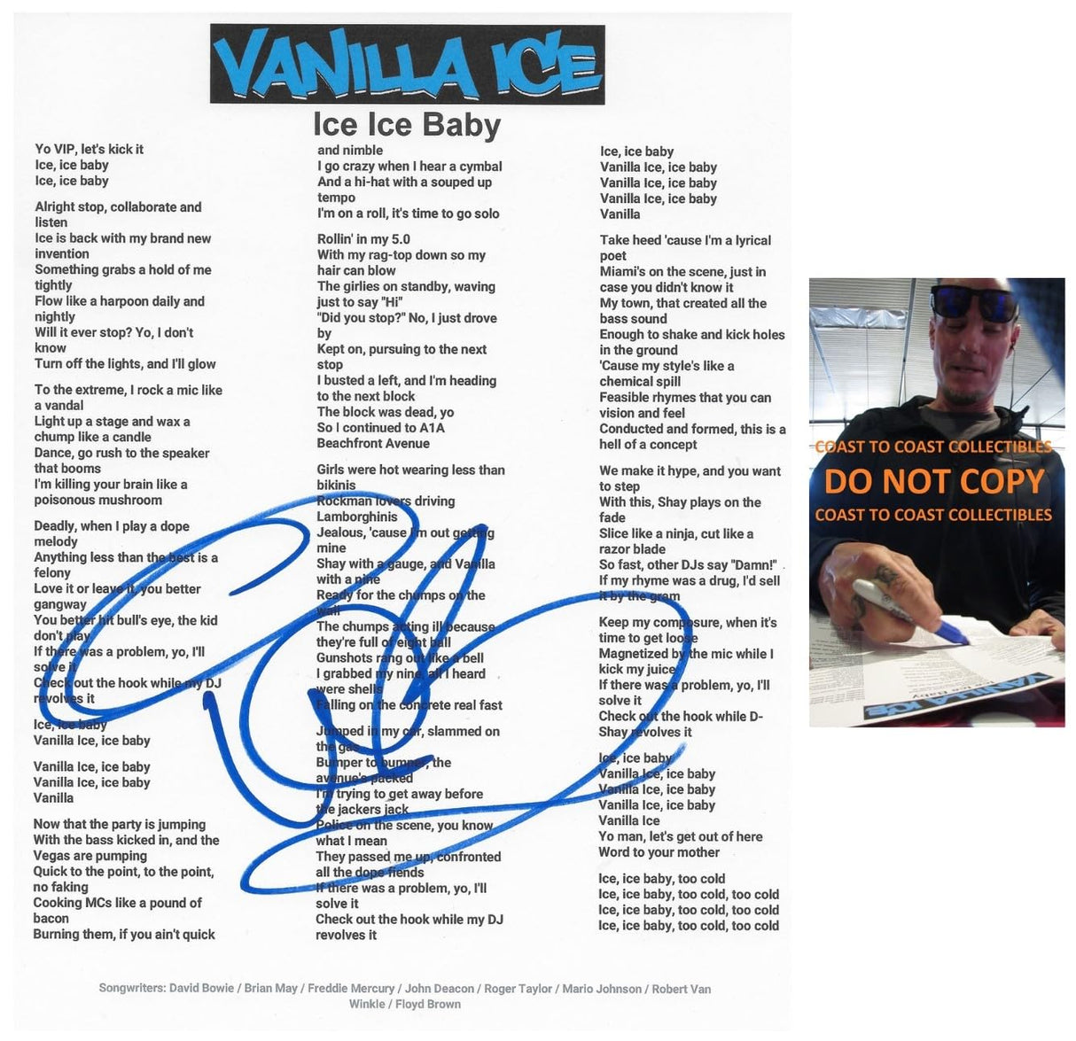 Vanilla Ice Signed Ice Ice Baby Lyrics Sheet COA Exact Proof Autographed