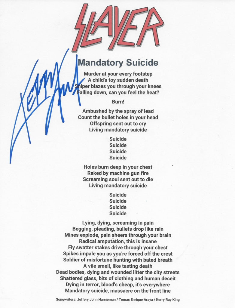 Kerry King Signed Slayer Madatory Suicide Lyrics Sheet COA Exact Proof Autographed