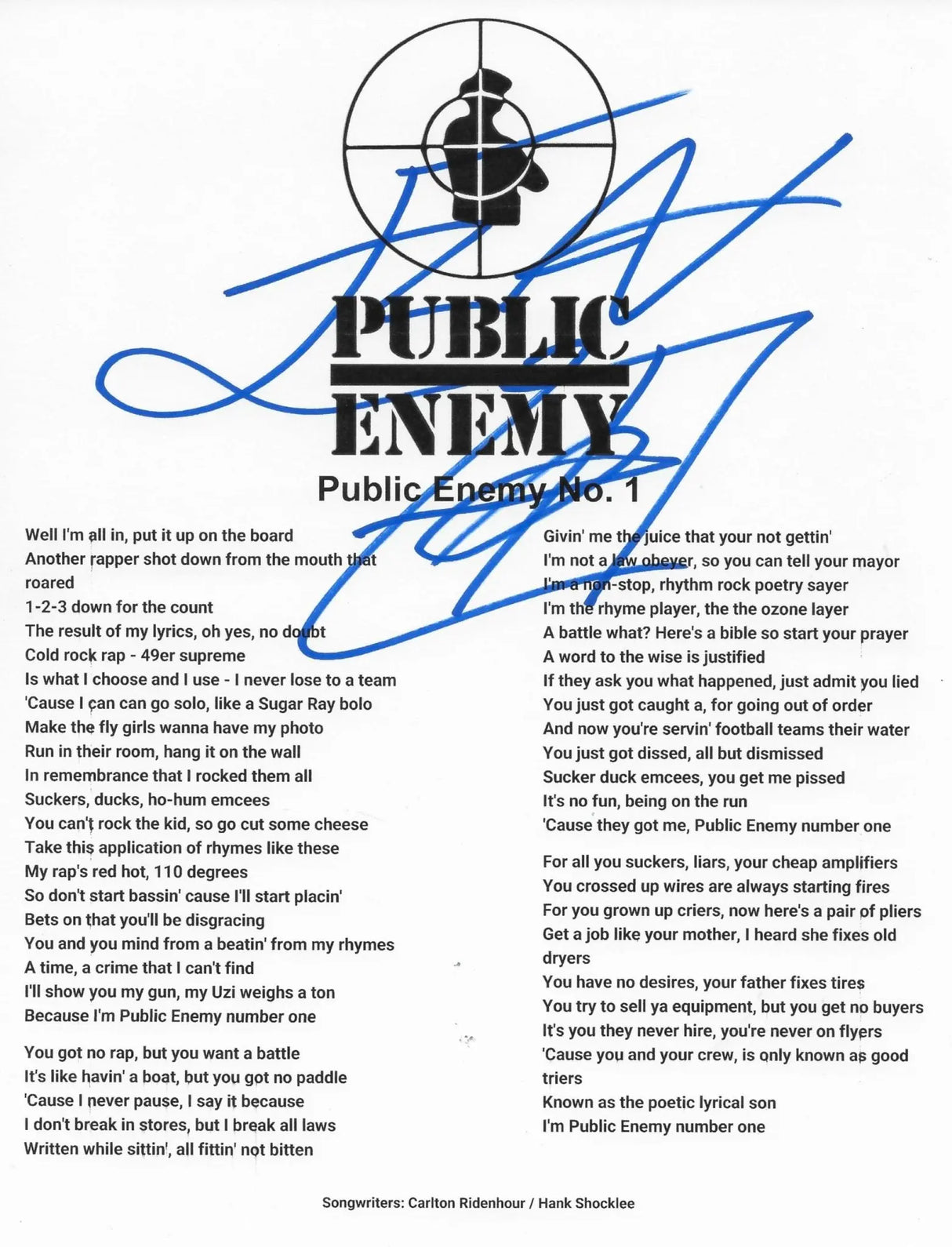 Flavor Flav Signed Public Enemy No.1 Lyrics Sheet Proof Autographed Public Enemy Hip Hop Rapper