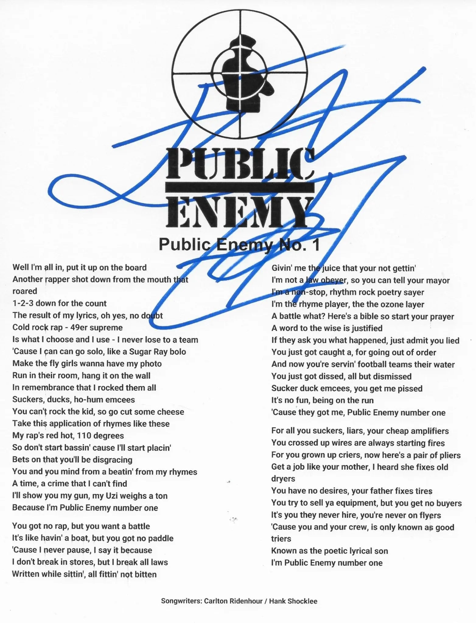 Flavor Flav Signed Public Enemy No.1 Lyrics Sheet Proof Autographed Public Enemy Hip Hop Rapper