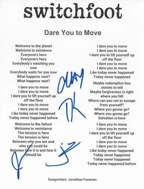 Switchfoot Band Signed Dare You To Move Lyrics Sheet COA Proof Autographed Jon Foreman Tim Forman Chad Foreman Jerome Fontamillas