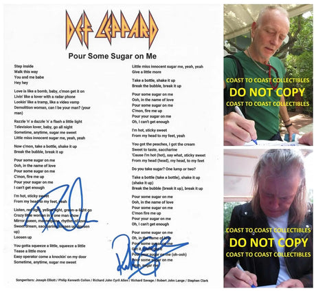Rick Savage & Phil Collen Signed Def Leppard Pour Some Sugar on Me Lyrics Sheet COA Proof Autographed