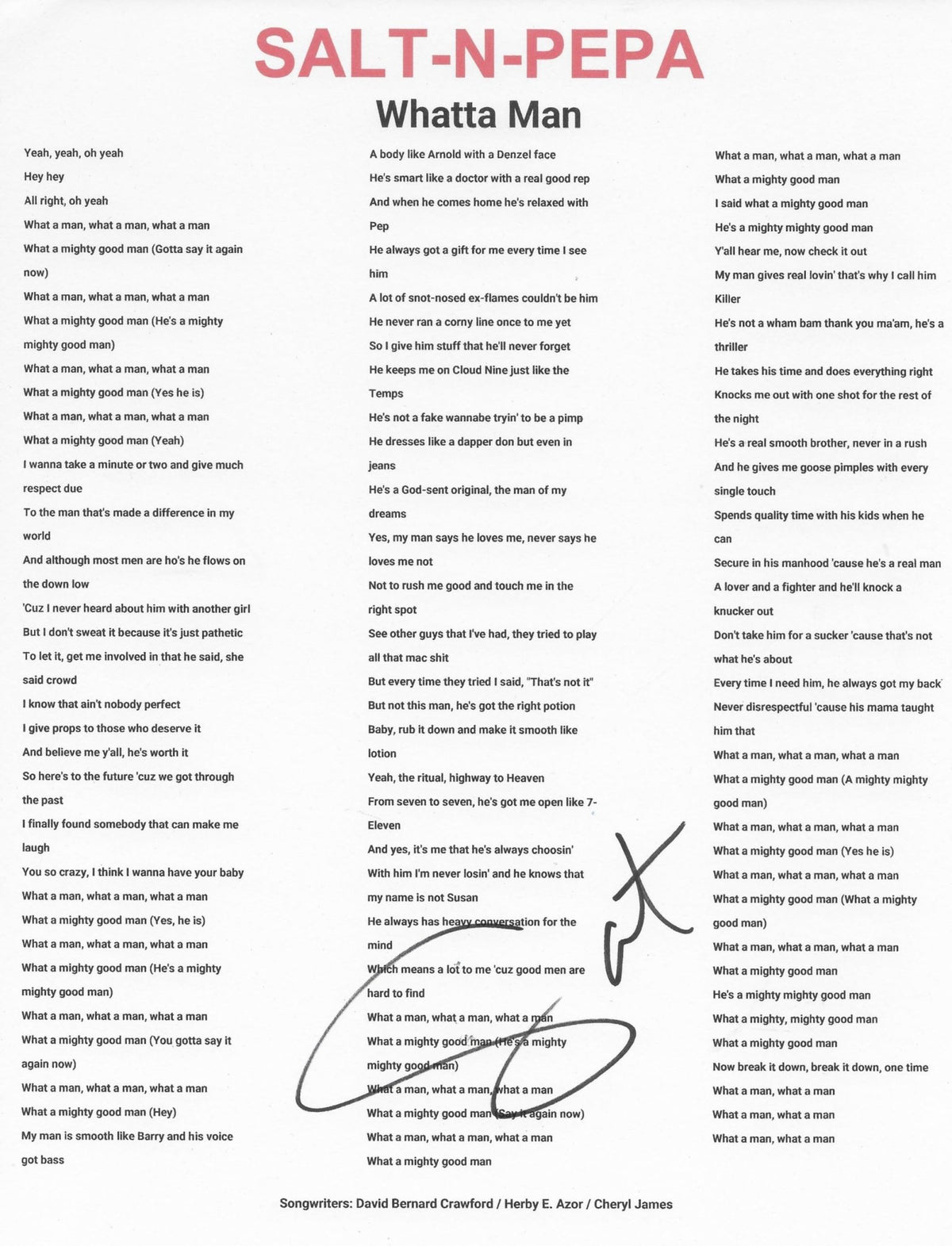 Salt Signed Salt - N - Pepa Whatta Man Lyric Sheet COA Exact Proof Autographed