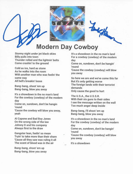 Jeff Keith & Frank Hannon Signed Tesla Modern Day Cowboy Lyrics Sheet COA Proof Autographed