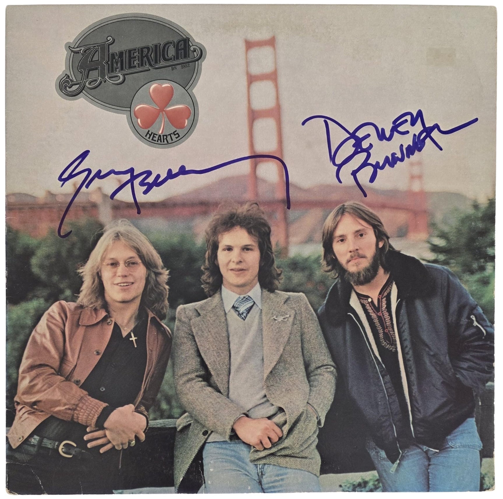 America Band Signed Hearts Album COA Exact Proof Autographed Vinyl Record Dewey Bunnell & Gerry Beckley