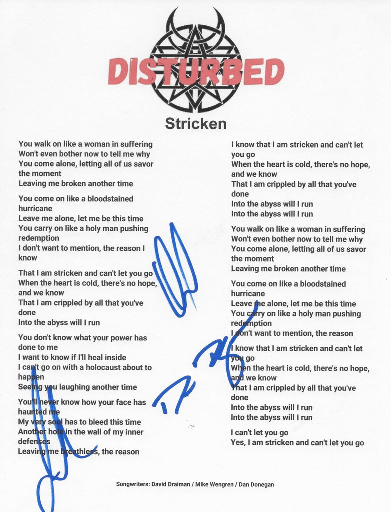 Disturbed Band Signed Stricken Lyrics Sheet COA Proof Autographed