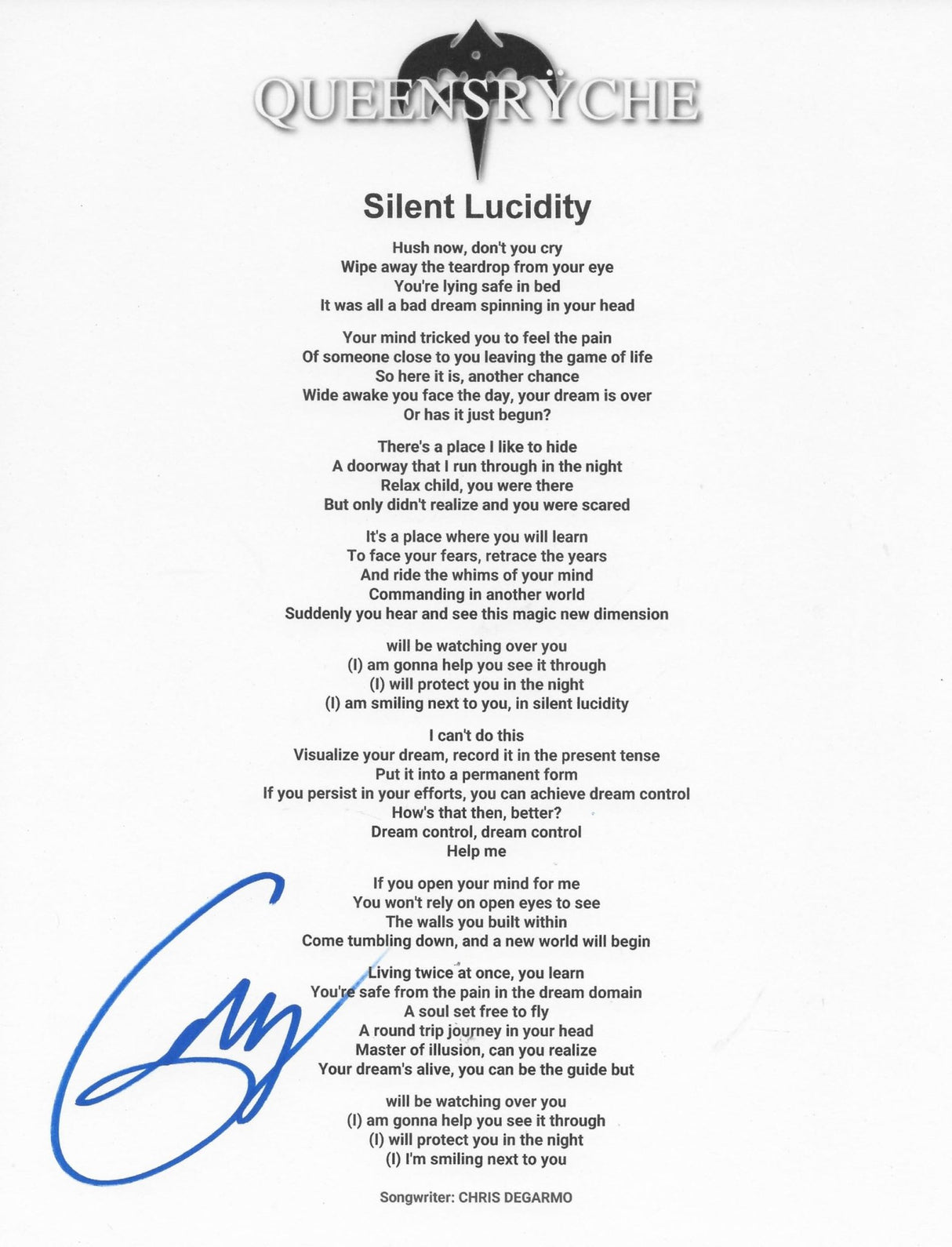 Geoff Tate Signed Queesryche Silent Lucidity Lyrics Sheet Proof COA Autographed