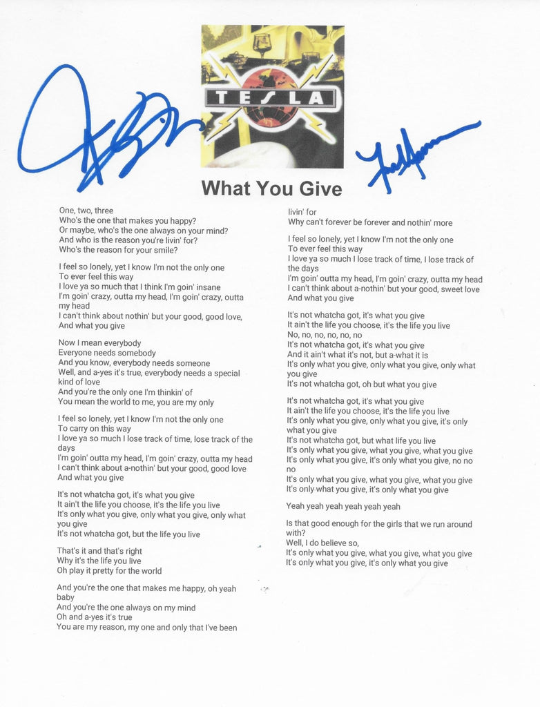 Jeff Keith & Frank Hannon Signed Tesla What You Give Lyrics Sheet COA Proof Autographed