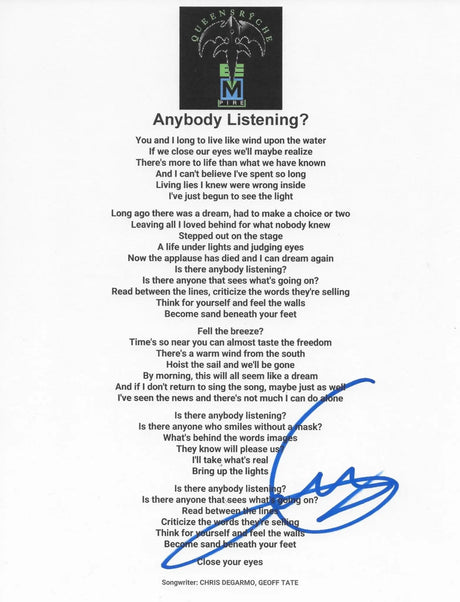 Geoff Tate Signed Queensryche Anybody Listening? Lyrics Sheet Proof COA Autographed STAR
