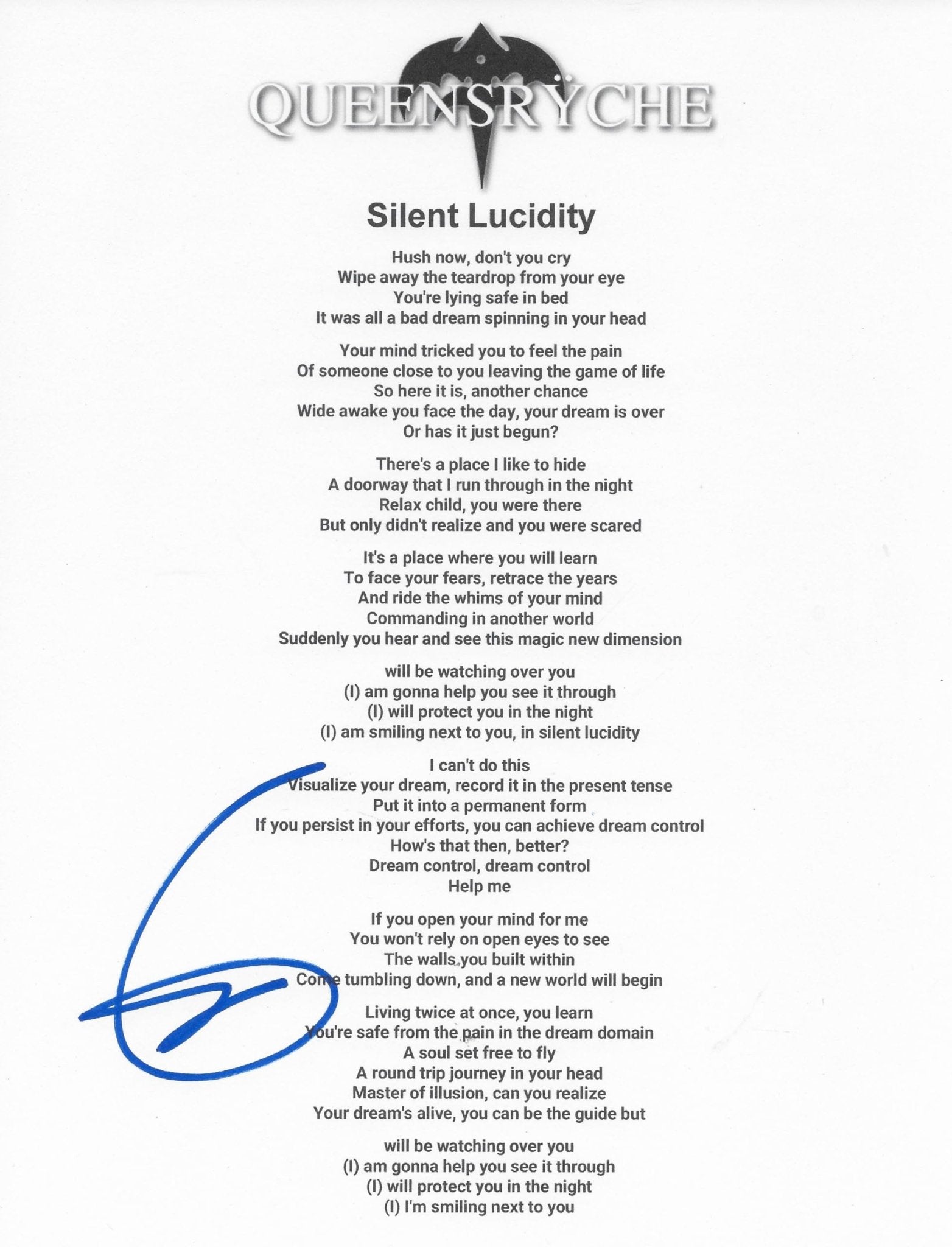 Geoff Tate Signed Queesryche Silent Lucidity Lyrics Sheet Proof COA Autographed