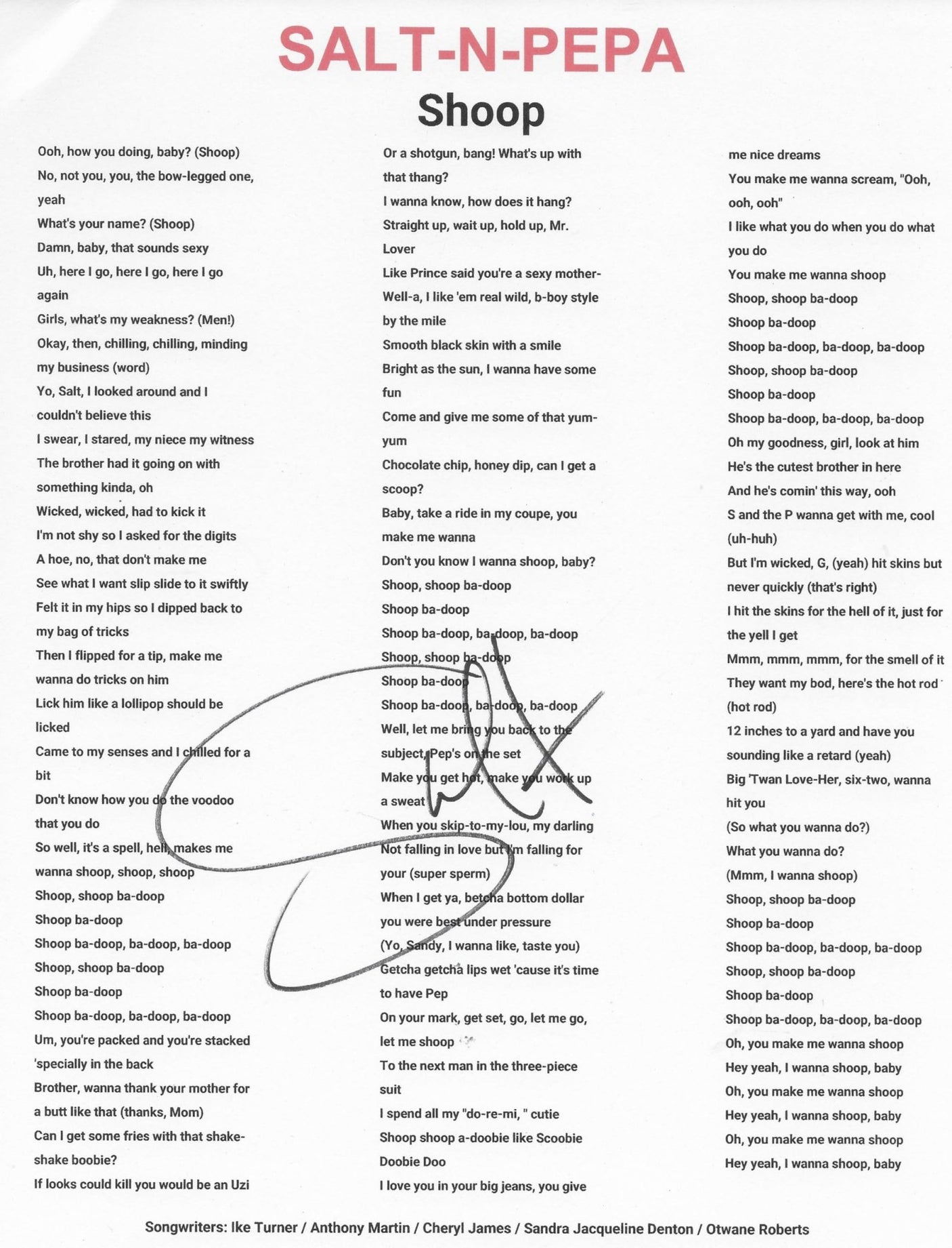 Salt Signed Salt - N - Pepa Snoop Lyric Sheet COA Exact Proof Autographed