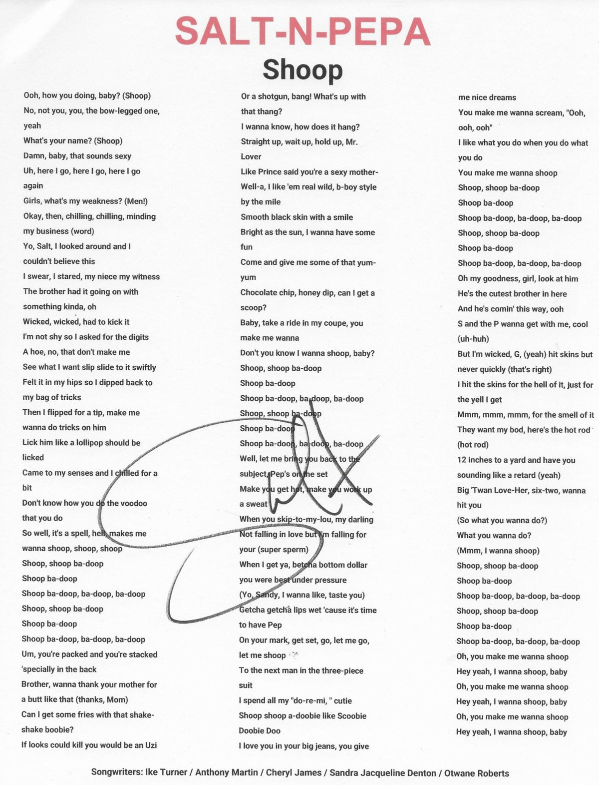 Salt Signed Salt - N - Pepa Snoop Lyric Sheet COA Exact Proof Autographed